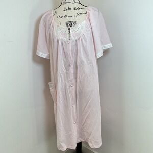 Kelly Reed Pink Nylon Lace Trim Button Front Nightgown Robe Loungewear L